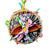 PARROT STATION Hocus Pocus bird toy featuring a woven seagrass ring with skeleton print paper and colorful shred